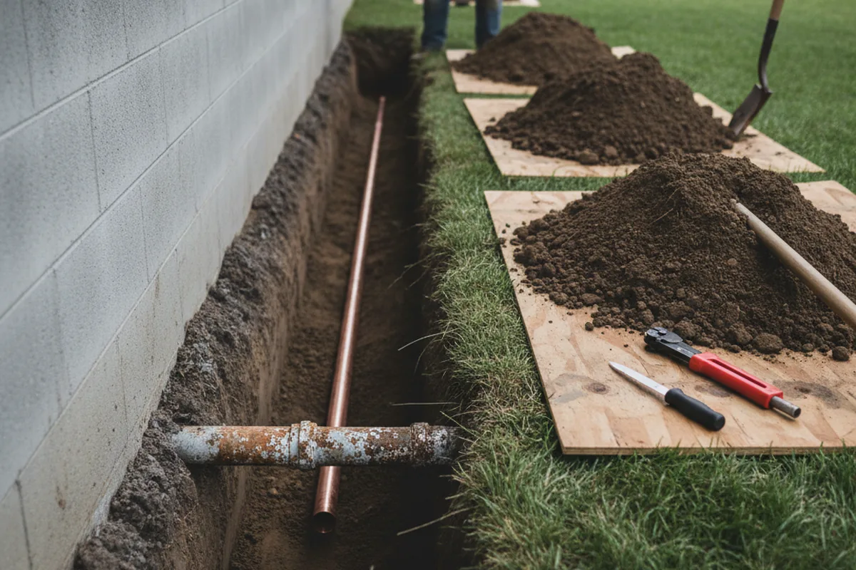 Excavated water line trench during Water Softener Installation in Hamer